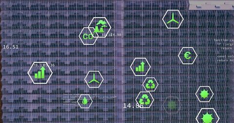 Digital Eco Icons Overlaid on Blue Solar Panels for Globar Energy Insight - Download Free Stock Images Pikwizard.com
