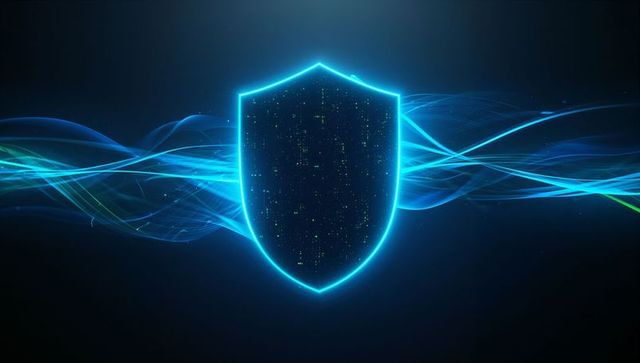 Glowing Neon Blue Shield Representing Cybersecurity