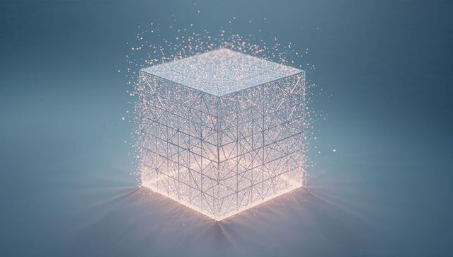 Luminous Wireframe Cube Emitting Pink Glow and Floating Particles on Teal Background