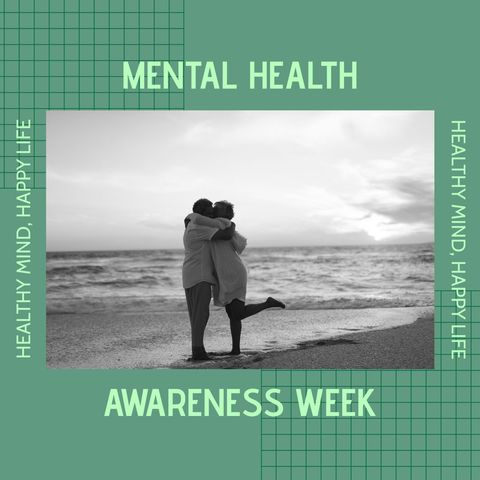 Senior couple hugging on beach promoting mental health awareness