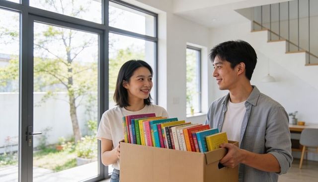 Young couple unpacking colorful books in sunlit modern home with garden view