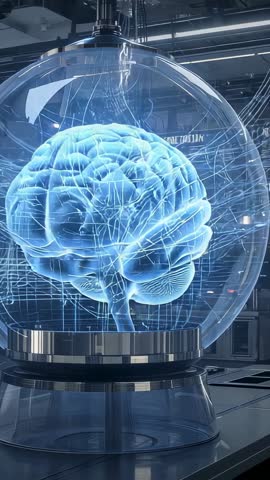 Rotating Holographic Brain in Glass Sphere Receiving Neural Energy Arcs | Vertical Tech Video