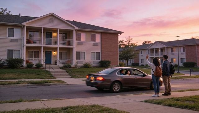 College students waving for ride at apartment curb during sunset commute