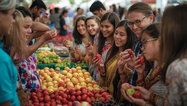 Teens Enjoying Fresh Produce at Vibrant Outdoor Market