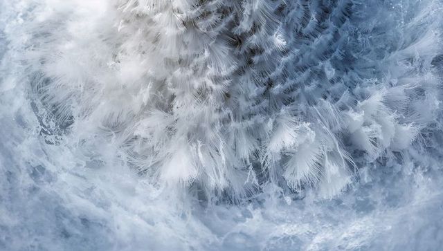 Hoarfrost feathery ice crystals forming on frozen surface macro frost texture background