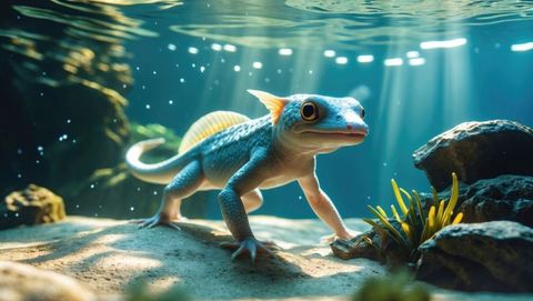 Colorful reptile-like amphibian underwater amidst playful sunbeams