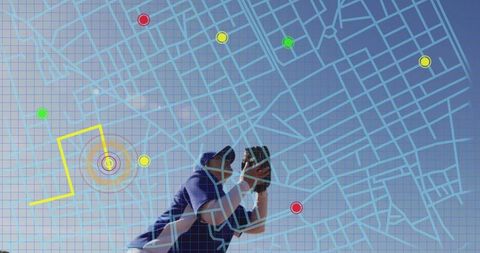 Teen Baseball Player Diving for Ball with Digital Map Overlay