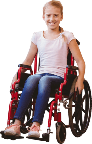 Smiling young girl sitting in red wheelchair on transparent background