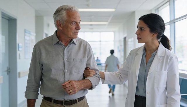 Doctor guiding senior man through hospital corridor providing arm support and care