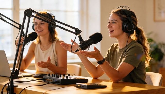 Two hosts recording conversational podcast with studio microphones and mixer