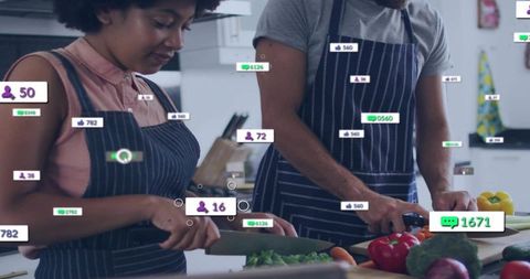 Couple chopping vegetables in modern kitchen with social media engagement badges overlay