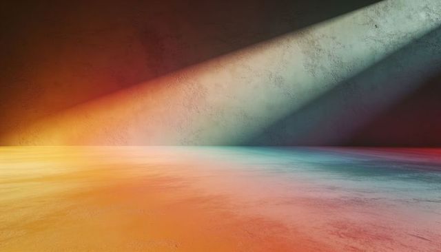 Casting diagonal amber-to-teal light beams across textured wall and reflective floor