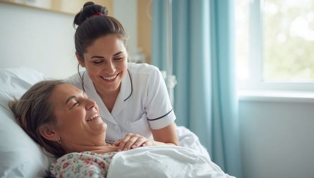 Smiling nurse comforting elderly patient in hospital bed offering compassionate care