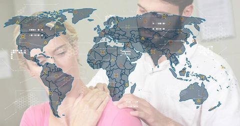 Caregiving hands providing shoulder comfort with global health data overlay and interface