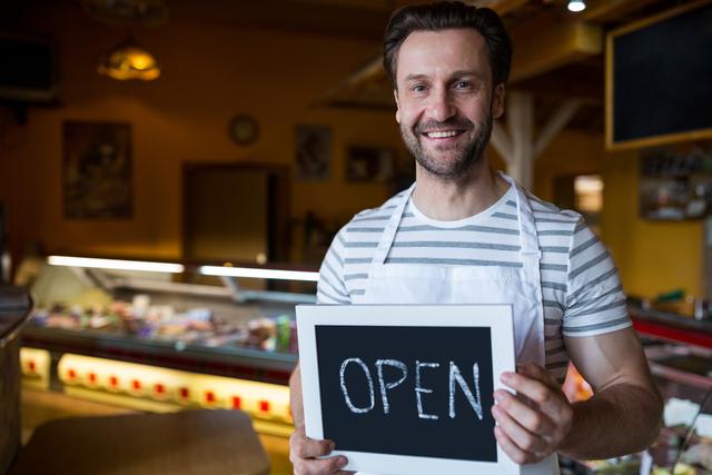 Smiling bakery owner holding an open sign, standing inside the shop. Ideal for use in articles or advertisements about small businesses, entrepreneurship, local shops, and customer service. Perfect for promoting bakery services, retail stores, and hospitality industry.