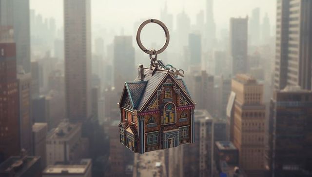 Ornate miniature house keychain against urban skyline