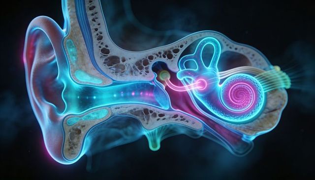 Neon glowing human ear anatomy cross-section showing cochlea ossicles auditory nerve
