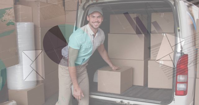 Courier with a smile loading cardboard boxes into a van for delivery, ideal for illustrating logistic company services, transportation themes, or promoting delivery service businesses.