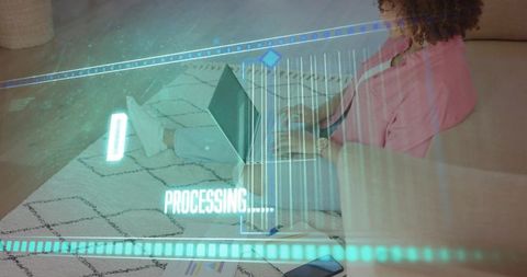 Remote work woman using laptop on sofa with digital processing overlay and cozy workspace