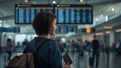 Woman holding passport checking departure board at busy airport terminal