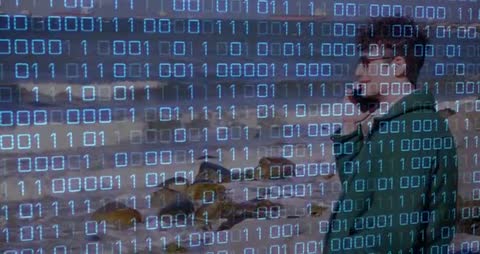 Person Communicating via Phone with Binary Code Overlay