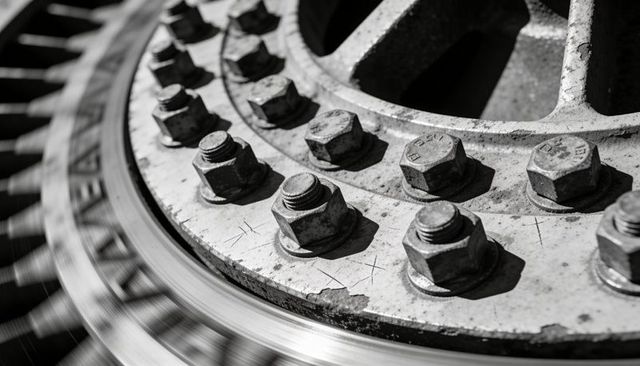 Rotating wheel hub revealing worn hex lug nuts and threaded studs in industrial close-up