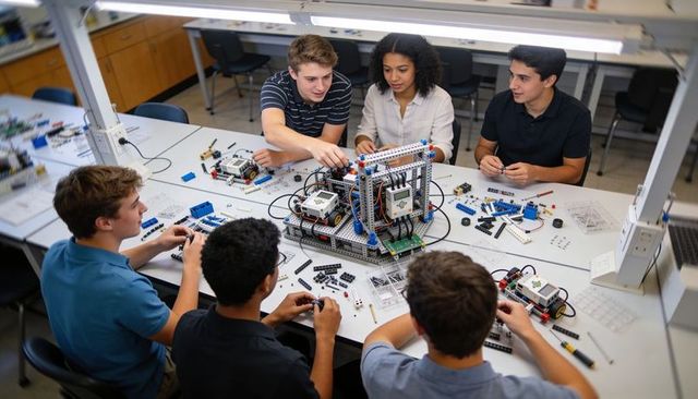 High school students building robotics kit in stem lab collaborating on modular robot project