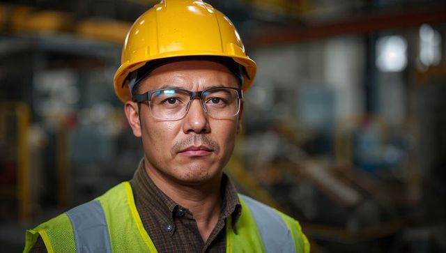 Asian factory worker in protective gear ensuring safety
