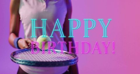 Neon happy birthday tennis player holding ball on racket sports celebration portrait