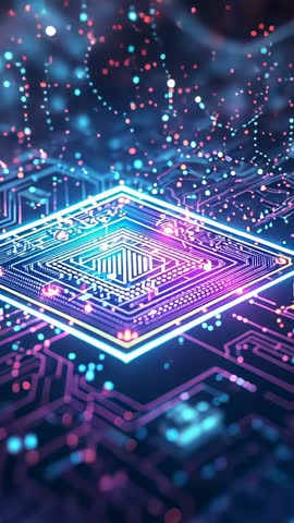 Pulsing Neon Microchip Vertical Video Showing Rising Data Particles Across Circuit Traces