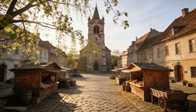 Sunlit medieval market square with stone church tower and rustic wooden stalls
