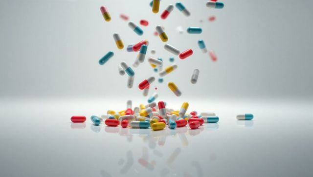 Colorful capsules in motion dropping into pile on reflective surface