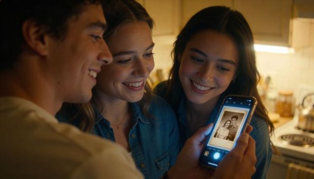 Smiling friends sharing vintage portrait on smartphone in cozy kitchen evening glow