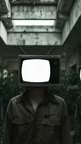 Vertical Surreal CRT-Head Performance Walking Through Abandoned Atrium Under Skylight