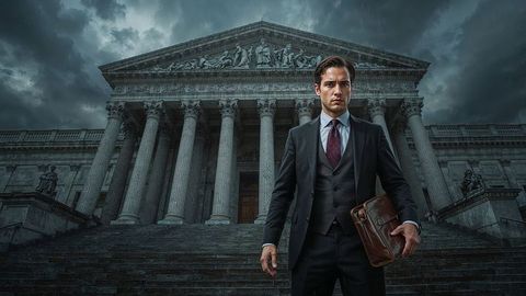 Determined businessman prosecutor standing on classical building steps