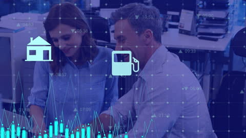 Colleagues Analyzing Data with Financial Icons Overlay