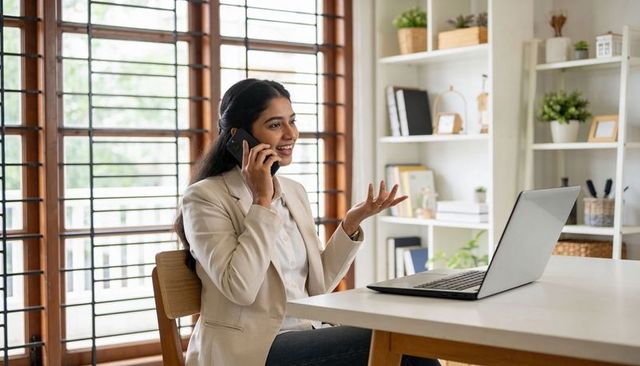 Talking on phone during remote meeting in sunlit minimalist home office with laptop