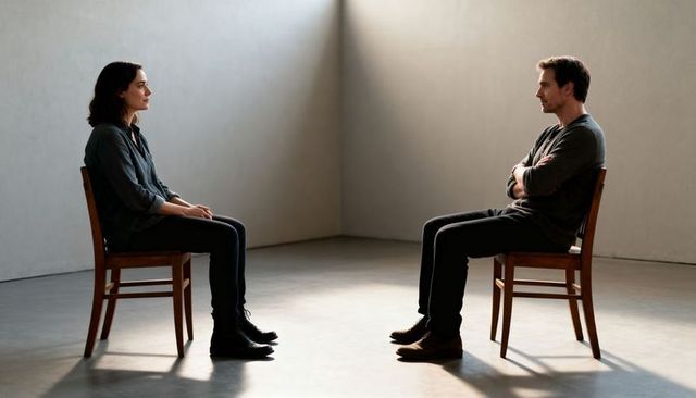 Two adults sitting opposite on wooden chairs facing each other in minimalist corner light