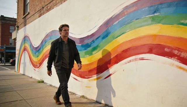 Walking man casting shadow on vibrant rainbow mural along urban sidewalk, city lifestyle