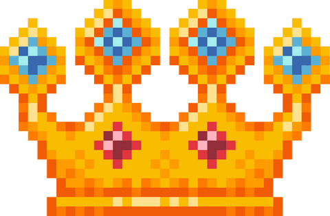 Golden pixel-art crown on transparent background with jewels