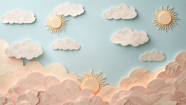 Layered paper cloud collage with three suns, peach pastel palette and dimensional shadows