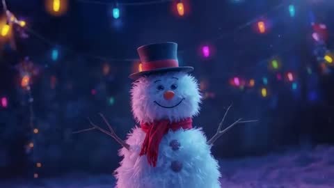 Snowman in Holiday Yard with Festive Lights