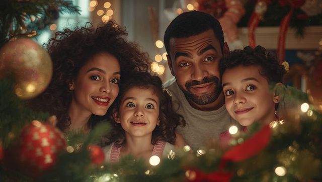 Joyful Family Gathered Around Christmas Decorations