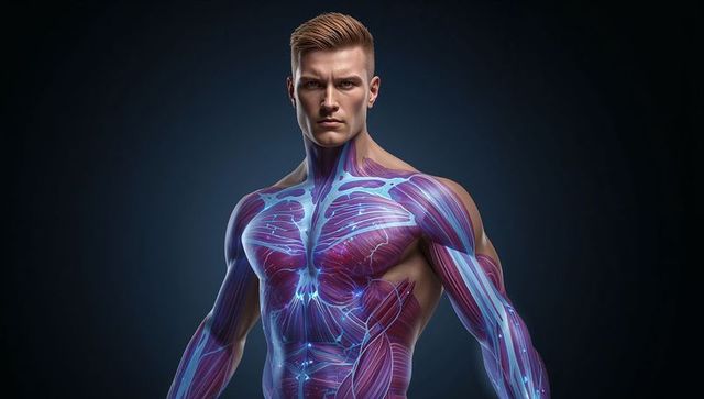 Athletic male displaying glowing muscular and nervous system overlay for medical education