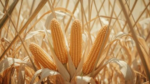 Golden corn ears in field, glowing under sunlight during harvest