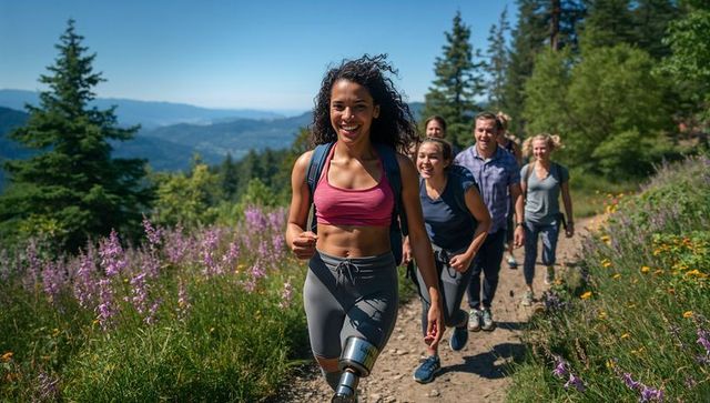 Woman with Prosthetic Leading Group Hike on Scenic Trail