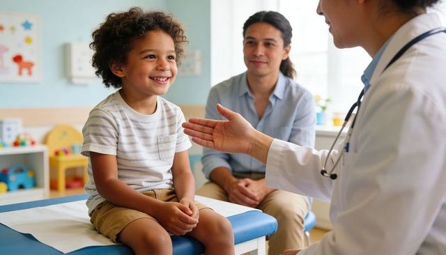Smiling child receiving pediatric checkup from doctor while parent watches on exam table