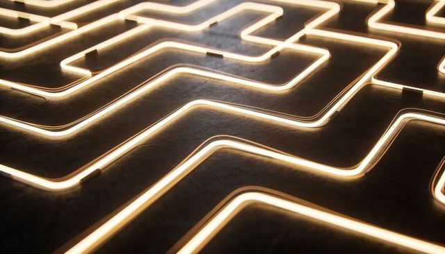 Warm-white led strips forming geometric meandering pattern across dark matte panel