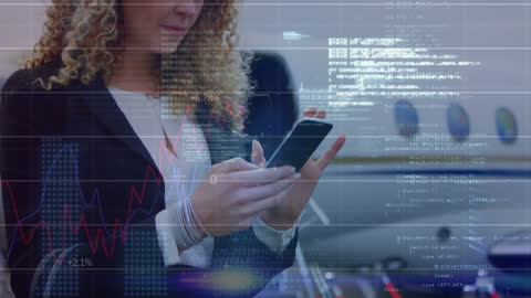 Businesswoman Analyzing Data with Smartphone and Code Overlay