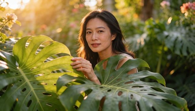 Asian woman touching monstera leaves backlit sunlit tropical garden portrait golden hour
